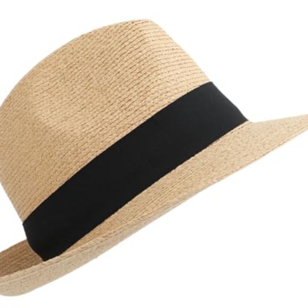 Raffia Straw Fedora Hat Packable Adjustable Class… - image 4